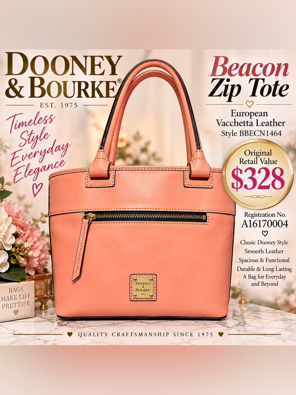 Dooney & Bourke Coral Pink Beacon Zip Tote